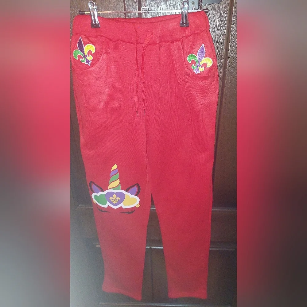 Mardi Gras Upcycled Red Hoodie & Track Pants/ Jogger Set, NWT - Picture 3 of 3